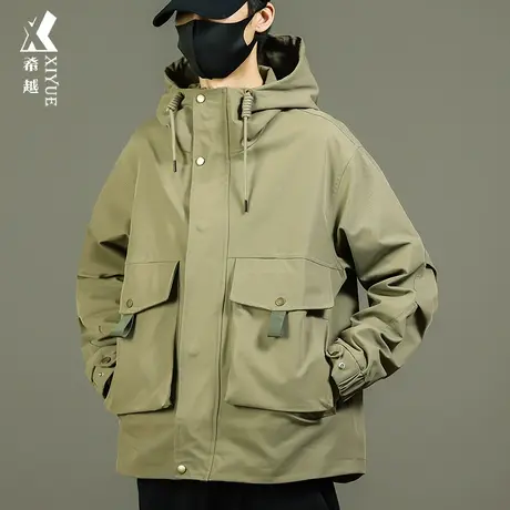 希越户外爬山护航高级感外套男卡其色多口袋高领夹克春秋宽松大码商品大图