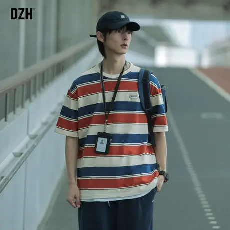 男士美式复古条纹t恤男潮牌圆领夏季衣服短袖2023新款氛围感上衣商品大图