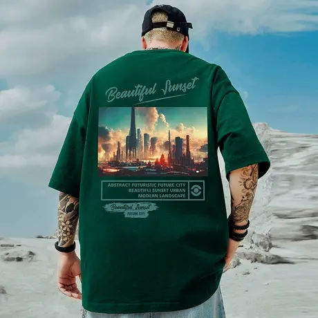 绿色潮牌宽松T恤简约短袖加肥加大码五分袖纯棉肥佬男装夏季潮流商品大图