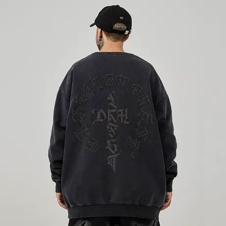 潮牌复古大码男装加肥加大水洗做旧加绒卫衣男士潮秋冬款圆领无帽商品大图