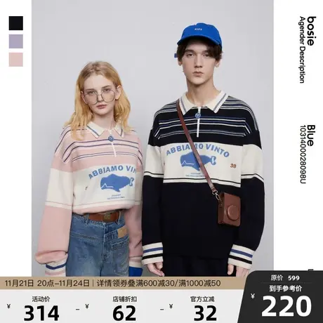 bosie2022年冬季新款毛衣男情侣款复古学院风绣花Polo领针织衫潮商品大图