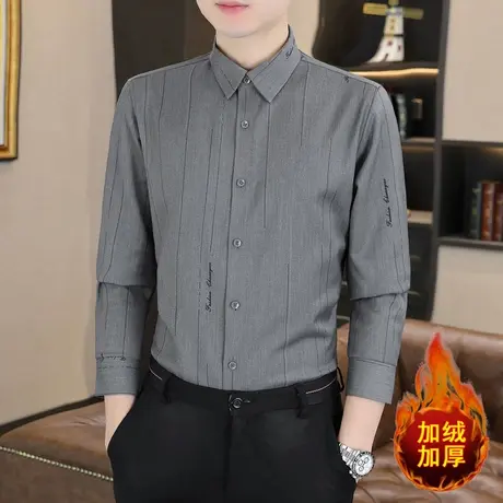 冬季新款加绒厚条纹衬衫长袖修身韩版潮流痞帅高级感休闲男士衬衣商品大图