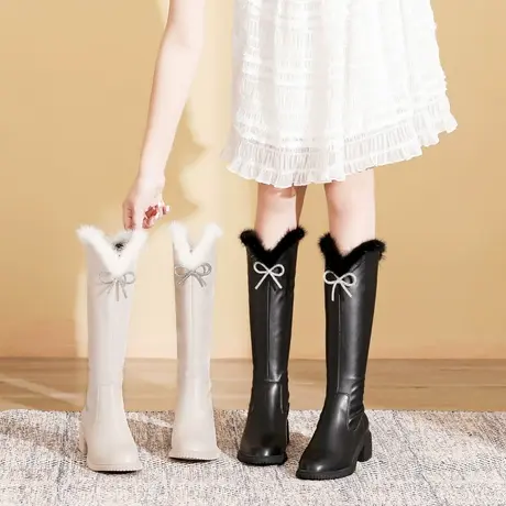 百翎2021秋冬新款女靴长靴高筒靴加绒加厚貂毛粗跟厚底小码女鞋子图片