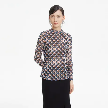 LANCY/朗姿秋季新款长袖小立领衬衫格纹印花修身显瘦通勤上衣奥莱图片