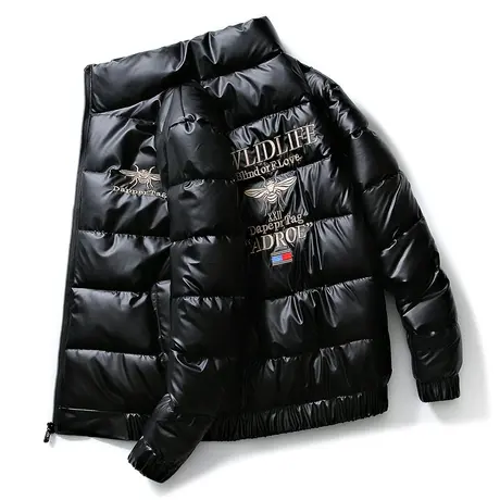 欧洲站小蜜蜂刺绣亮皮免洗棉衣男士冬季外套潮牌加厚羽绒棉服男装商品大图