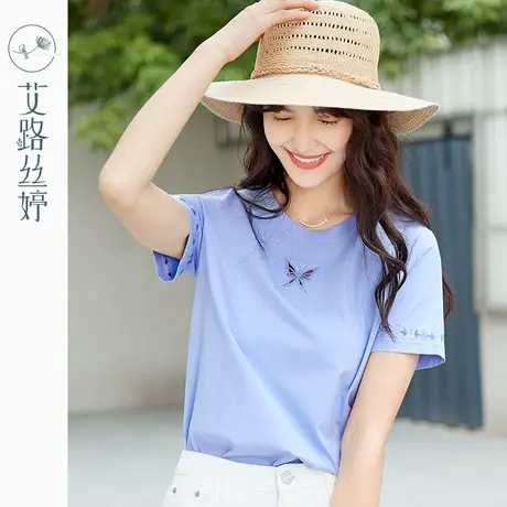 艾路丝婷蝴蝶镂空刺绣短袖T恤女2023夏装新款修身半袖棉上衣2716商品大图