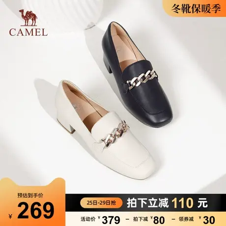 骆驼女鞋2023秋新款真皮马衔扣英伦风通勤粗跟小皮鞋女乐福鞋单鞋图片