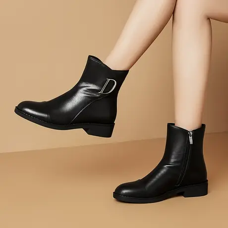 真皮防滑保暖短靴子女头层牛皮真皮软皮粗跟中跟圆头靴子侧拉链鞋图片