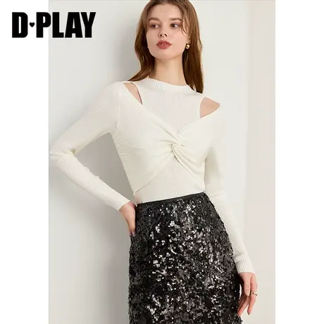 DPLAY春名媛圆领肩部挖空白色含羊毛针织衫上衣女商品大图