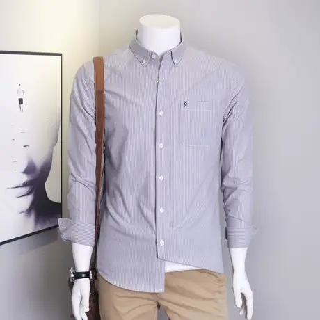 格慕施牛津纺男士长袖衬衫青年秋季商务休闲条纹上衣纯棉衬衣男装商品大图