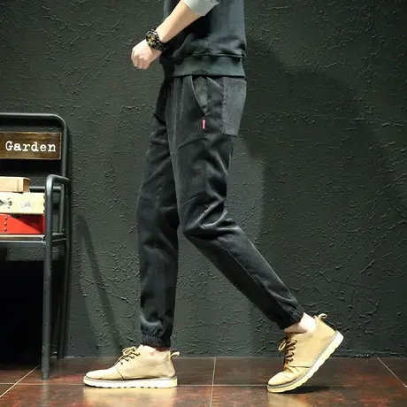 男裤子春秋款2023新款潮牌休闲裤灯芯绒宽松运动裤秋冬黑色束脚裤图片