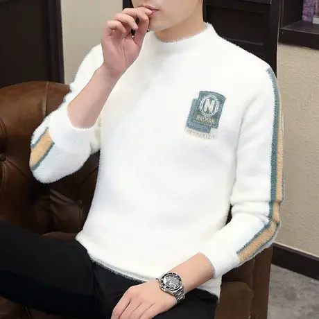 秋冬季水貂绒毛衣男士半高领打底针织衫加厚保暖线衣字母提花上衣商品大图