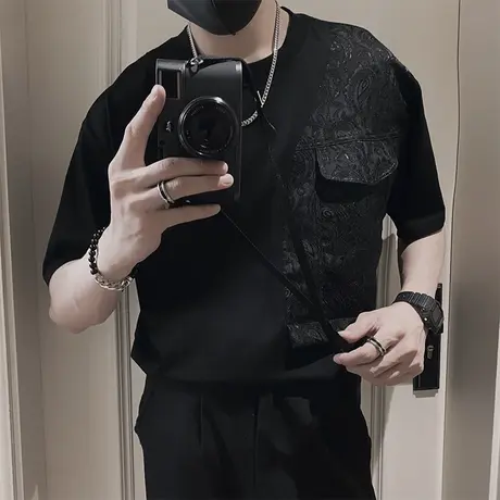 夏季男士t恤上衣短袖修身半袖潮流个性时尚圆领拼接花纹设计体恤商品大图