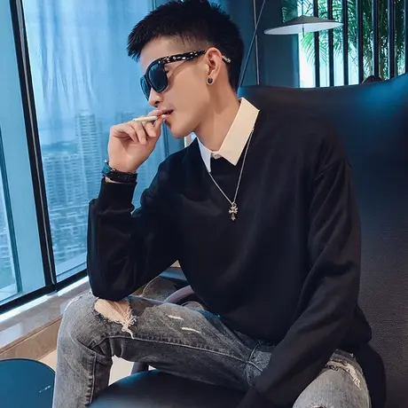 秋季男圆领卫衣外套打底衫上衣宽松长袖潮流休闲网红潮牌纯色百搭商品大图