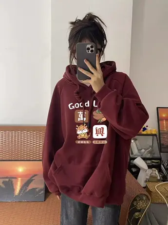 冬季保暖情侣装卫衣大码胖mm加绒复古酒红连帽外套ins潮港风上衣商品大图