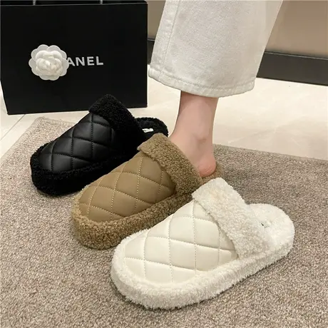 包头羊羔毛毛半拖鞋女外穿2024新款秋冬一脚蹬办公室穆勒保暖棉拖图片