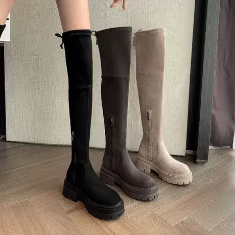 胖mm大小筒围过膝靴女2023靴子厚底粗跟瘦腿长筒弹力靴高筒骑士靴商品大图