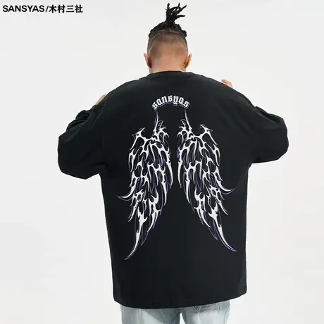 木村三社SANSYAS 翅膀守卫男士纯棉长袖t恤新款宽松内搭印花上衣图片