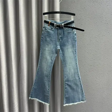 欧货个性毛边修身显瘦牛仔微喇裤女24春季新款高腰百搭喇叭裤长裤商品大图