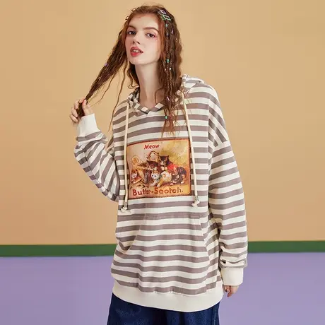 a02春新款2024英伦学院风复古油画印花撞色条纹连帽长袖女式卫衣图片