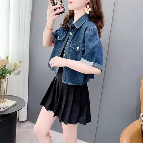 百搭复古休闲牛仔衬衫外套女2023春夏新款高腰小个子做旧短袖上衣商品大图