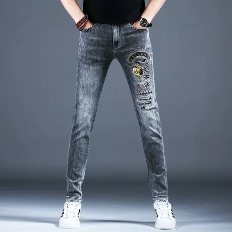 2024春季新款男士牛仔裤子男款时尚烫钻修身小脚裤百搭刺绣潮牌男图片