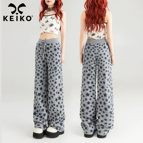KEIKO 美式星星提花休闲针织阔腿裤2024春夏弹力松紧腰直筒长裤子图片