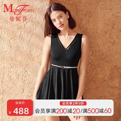 曼妮芬无袖无钢圈裙式连体游泳衣泡温泉度假女沙滩裙保守遮肚泳装商品大图