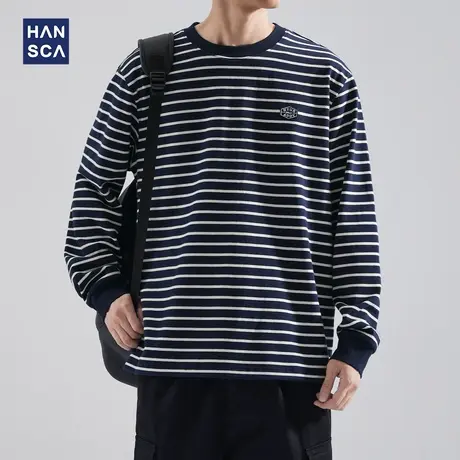 hansca 280g重磅美式字母刺绣撞色条纹长袖t恤男秋季圆领休闲上衣商品大图