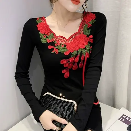 时尚撞色T恤女长袖欧货拼接镂空设计感刺绣洋气上衣民族风女装潮商品大图