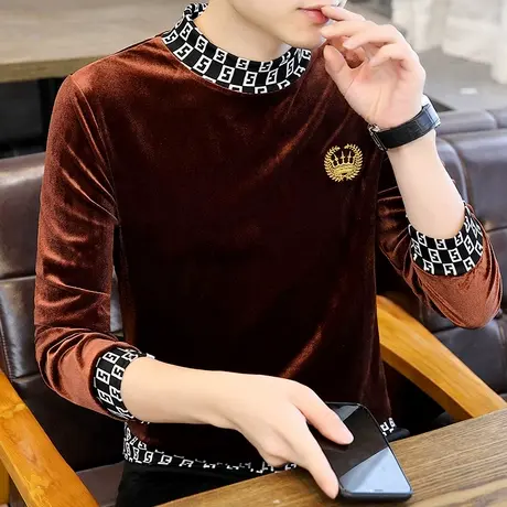 金丝绒长袖t恤男士潮流秋季2022新款半高领个性帅气ins中领打底衫商品大图