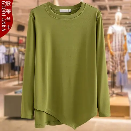 加肥加大码妈妈春装长袖打底衫上衣宽松时尚减龄洋气不规则T恤女商品大图