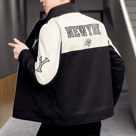 春装拼色刺绣夹克外套男士休闲立领春秋季韩版帅气褂子潮流上衣服商品大图