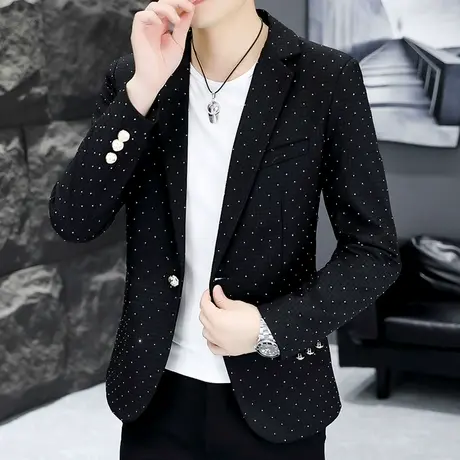 韩版秋季格子休闲小西装外套男潮牌痞帅夜场网红个性烫钻西服上衣商品大图