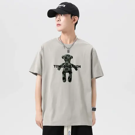 重磅t恤男短袖夏季纯棉圆领上衣服美式潮流小熊半袖全棉宽松体恤商品大图