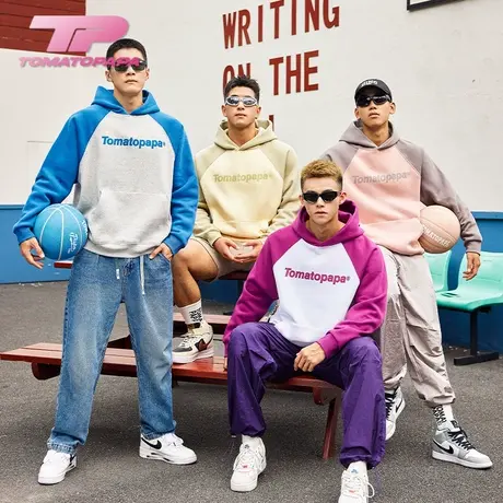 TOMATOPAPA加绒秋冬卫衣插肩袖运动字母烫画潮ins青年套头连帽衫商品大图