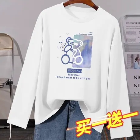 白色纯棉长袖t恤女2023新款薄款宽松百搭早秋内搭打底设计感上衣商品大图