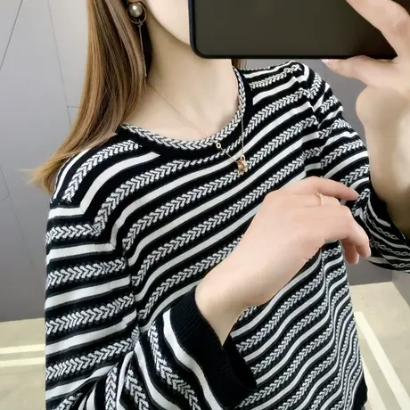 2023春季新款圆领条纹宽松九分袖针织衫减龄百搭外穿上衣女商品大图