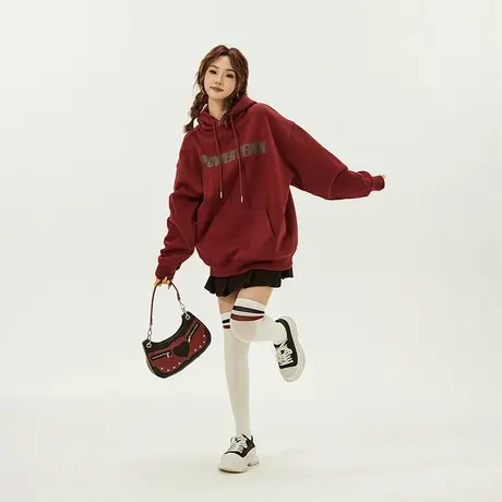 YEP复古酒红色连帽卫衣女加绒宽松2023新款秋冬美式潮牌长袖上衣商品大图