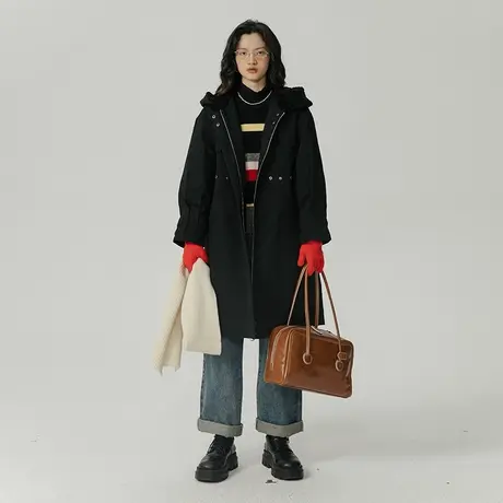 omont蛋挞家 宽松连帽棉服外套女冬季复古中长款派克服棉衣厚外套商品大图