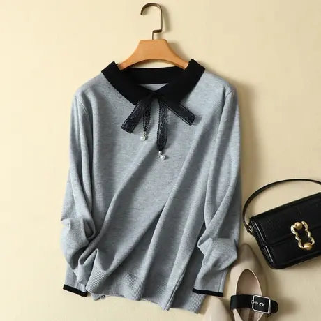 秋冬新款蕾丝蝴蝶系洋气带娃娃领宽松针织打底衫长袖毛衣女上衣潮商品大图