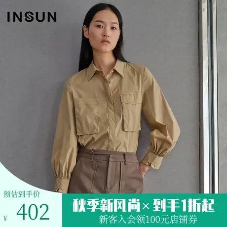 恩裳春季时尚简约驼色宽松口袋挺括纯色休闲长袖衬衫女图片