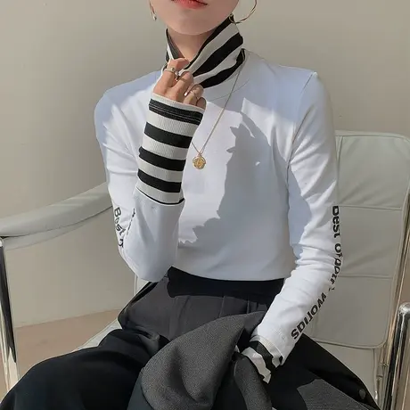 加厚高领打底衫女秋冬设计感条纹撞色T恤长袖内搭洋气磨毛上衣潮商品大图