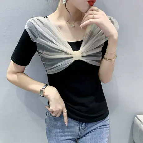 网纱拼接蝴蝶结T恤女短袖ins潮欧货网红气质设计感修身上衣小衫夏商品大图