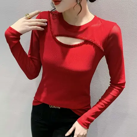 2023春秋新款性感网纱打底衫女长袖气质镂空T恤洋气钉珠修身上衣商品大图