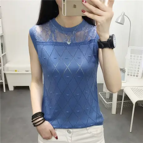 圆领蕾丝打底衫大码女装无袖宽松冰丝薄款吊带背心针织衫T恤上衣商品大图