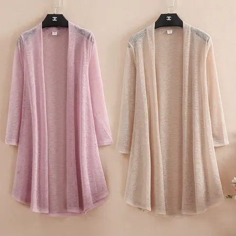 夏季大码宽松七分袖开衫防晒衣妈妈装外搭薄款沙滩外衣网纱空调衫图片