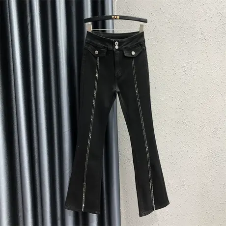 欧货女2023秋季新款重工烫钻设计感高腰开叉显瘦个性牛仔微喇长裤图片