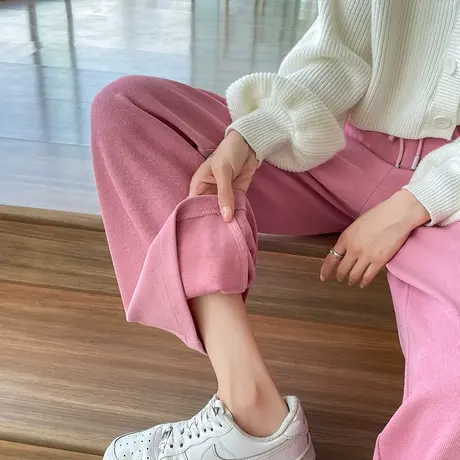 粉色阔腿运动裤女春秋2023年新款高腰直筒宽松显瘦百搭休闲拖地裤图片