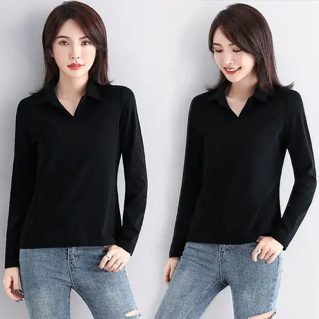 黑色polo衫女春秋长袖宽松短款设计感打底衫新款洋气减龄百搭t恤图片